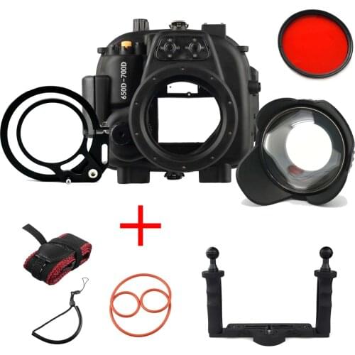 Meikon 40M/130FT Underwater Waterproof Housing Case for Canon EOS 650D 700D with Fishey and Two Hands Aluminium Tray