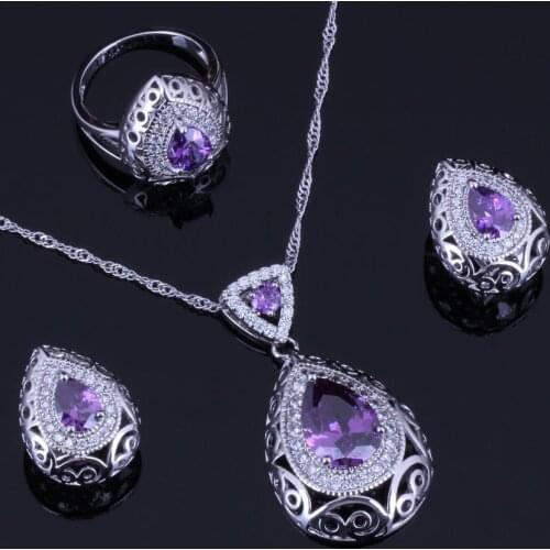 Water Drop Purple Cubic Zirconia White CZ Silver Plated Jewelry Sets Earrings Pendant Chain Ring V0317