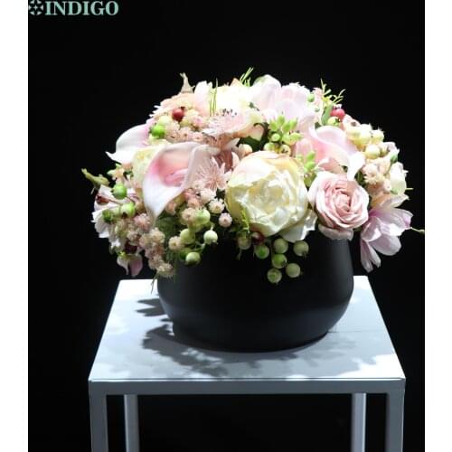Pink Peony Rose Flower Centerpiece (1 Set Bonsai With Metal Pot ) Artificial Tulip Customized Table Flower Arrangment INDIGO