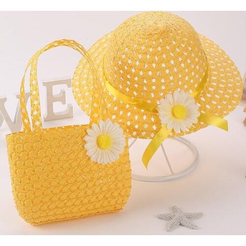 New Summer Children Beach Hats Set Wide Brim Yellow Straw Wide Hat Kids Holiday Travel Pink Beach Bags Flower Tote Handbags Suit