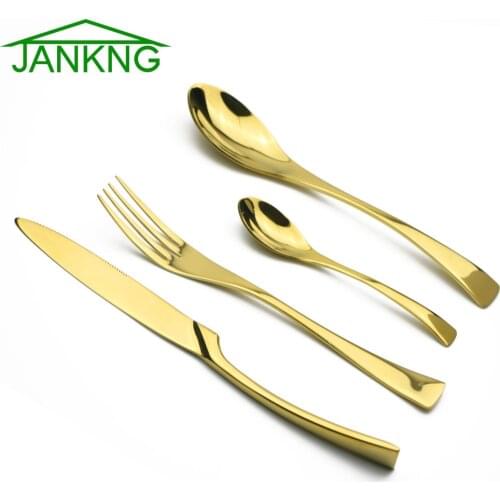 JANKNG 4pcs/lot High Quality 24K Gold Cutlery Set Western Stainless Steel Dinner Set Fork Knife TeasSpoon Table Dinnerware Set
