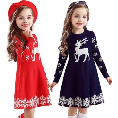 New Girls Christmas Deer Princess Sweater Knitting Winter Party Dresses Children Kids Elegant Toddler Baby Children Clothing