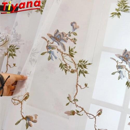 Plant Embroidery Tulle Chinese Style Blue/Coffe Leaf Flower Embroidery Eulle Curtain for Living Room White Sheer Tulle X-M171#40