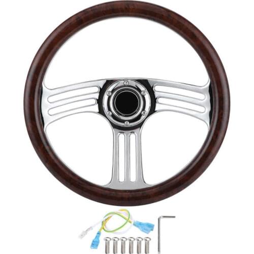 Steering Wheel Hubs 350mm/14in Dark Wood Grip 6-Bolts Chrome 3-Spoke Steering Wheel Vintage Style Car Modified Accessory