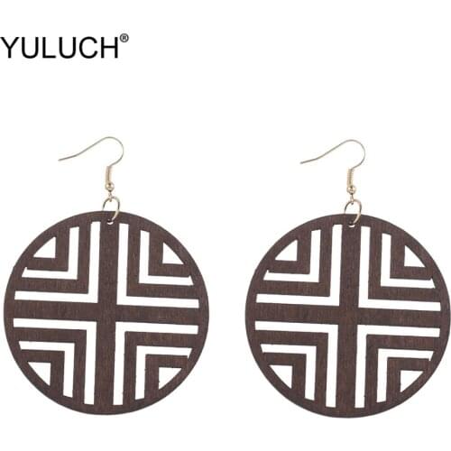 YULUCH 2019 Fashion Wooden Hollow Big Drop Earings Ethnic Style African Bohemian Round Statement Earrings Jewelry For Women Lady