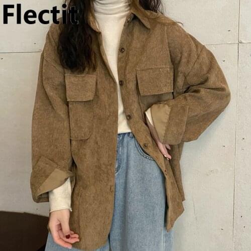 Flectit Women Shacket With Flap Pocket Button Down Long Sleeve Corduroy Shirt Jacket Female Fall Winter Outfit