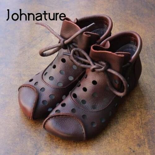 Johnature Ankle Boots For Women Shoes Summer Sandals Genuine Leather 2021 New Round Toe Sewing Lace-up Handmade Retro Leisure
