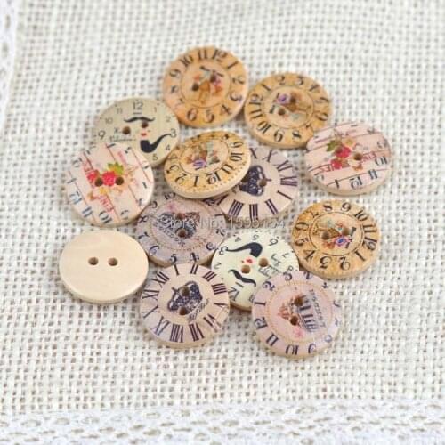 Mixed Fashion Clock painted Wooden Sewing buttons Scrapbooking Craft 50pcs 20mm 2 hole 2015 new YF5410-27
