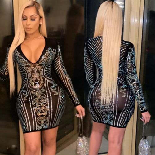 FNOCE 2020 autumn womens dresses sexy nightclub perspective mesh print long sleeve v-neck tight bag hip slim sexy mini dress