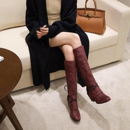 Winter Women Cross-tied Knee High Boots Black Brown Round Toe Square Block Heel Party Office Lady short Plush Punk Long Boots