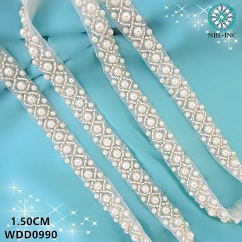 10 YARDS) Bridal beaded pearl applique trim iron on for wedding dress belt WDD0990