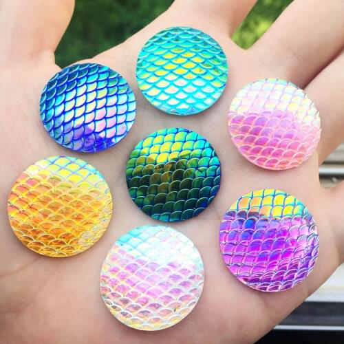 12pcs 25mm AB Color Round Resin Mermaid Rhinestone Fish Scale Flatback Crystal Stones Gems For clothing Crafts Decorations DIY