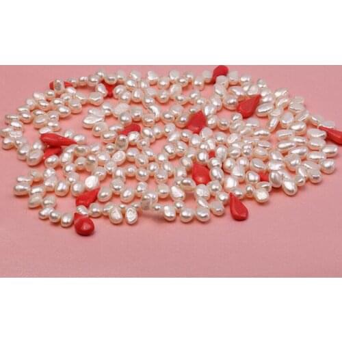 80cm 30'' 9x10mm white flat baroque real pearl red coral stone necklace natural freshwater pearl Woman Jewelry