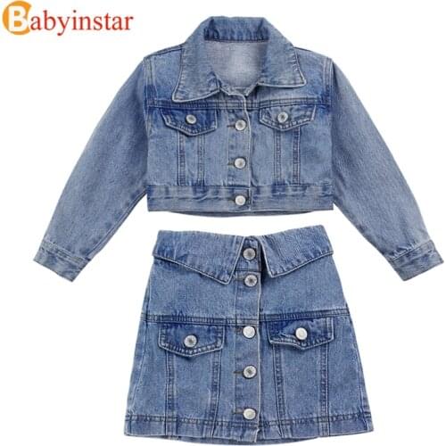 Babyinstar Boutique Denim Jacket and Skirts 2pcs Sets for Girls Jacket Back with Sequin Smile Letter Fashion Girls Jeans Suits