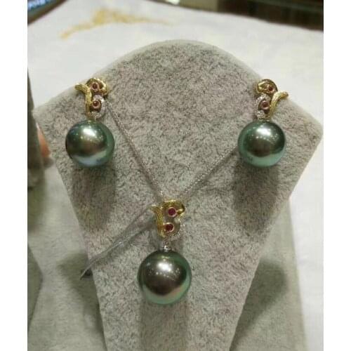 Free shipping 11.2-11.6mm earring 13.3-13.8mm pendant Genuine SOUTH SEA TAHITIAN BLACK green Pearl Necklace