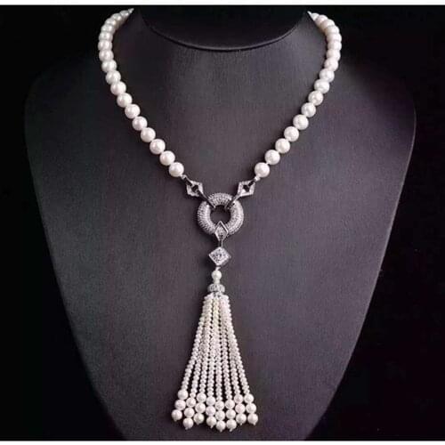 23'' Natural 10mm White Pearl CZ Paved Pearl Pendant Long Pendant Necklace