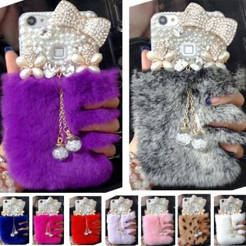 Luxury gem Bling Fox Rabbit Plush Fur Pearl Bowknot Cover Case For iPhone 12 11 Pro MAX X XS MAX XR 6 6S 7 8 PLUS Tassel Pendant