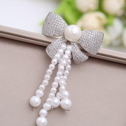 Edwardian Vintage Long Mother of Pearl Tassel Drop Dangle & CZ White Bow Brooches Pin Women Formal Events Daily Wear Accessory