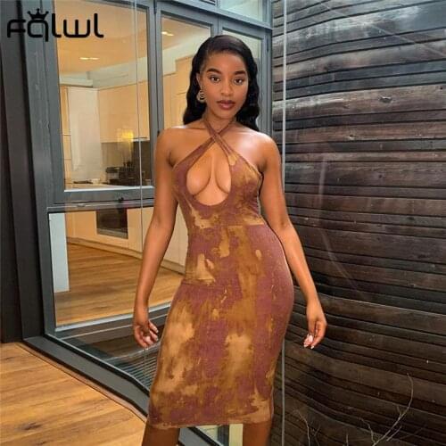FQLWL Streetwear Print Dresses For Women 2021 Fashion Backless Halter Midi Dress Female Hollow Out Bandage Tie Dye Bodycon Dress