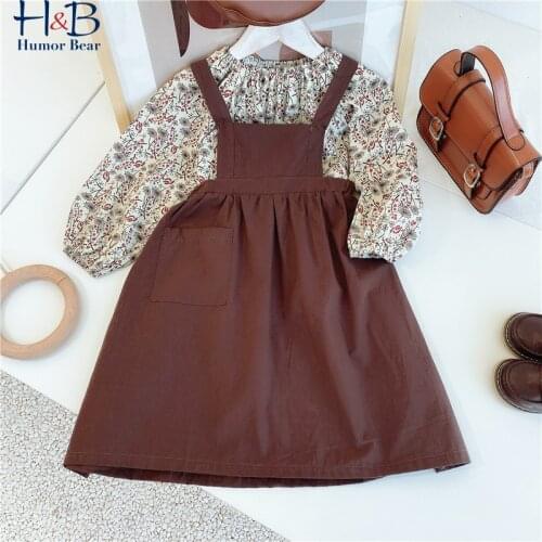 Humor Bear Children Clothes Set 2020 Autumn Winter Long Sleeve Floral Shirt +Sling Dress 2pcs SetToddler for 2-6Y