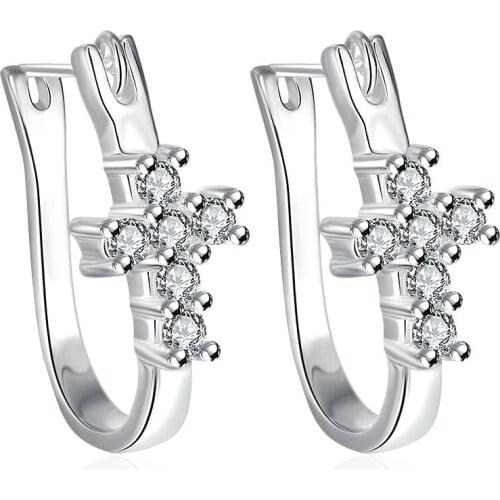 Fashion Trendy Silver Color Earrings Crystal Juses Cross Hoop Earrings Jewelry for Women Charm Wedding Engagement Earrings