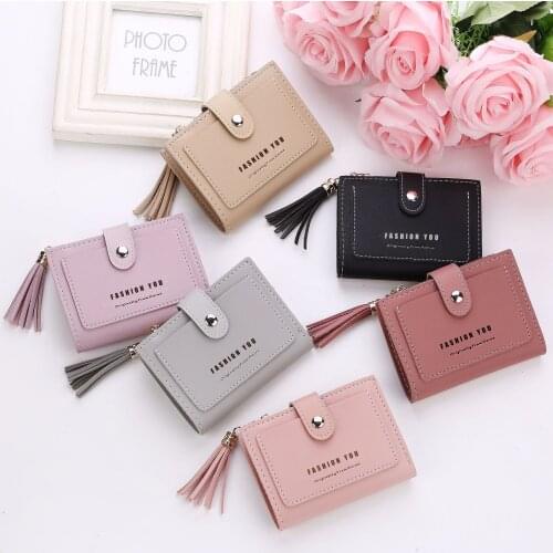 Fashion Tassels Pendant Letter Fold Wallet Matte Pu Leather Women Short Wallets Purse Coins ID Card Holder