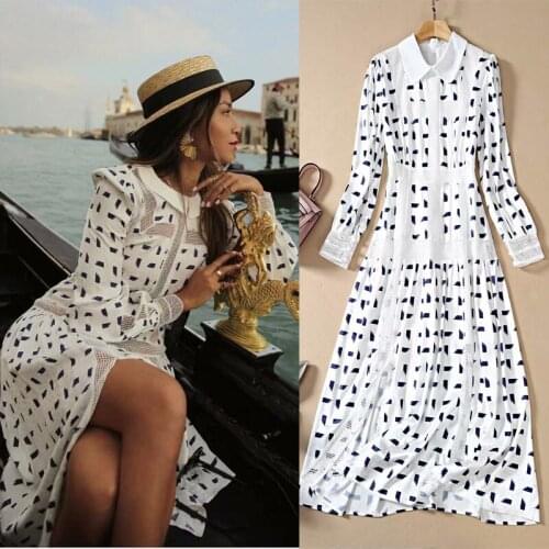 New New big brand printing mesh stitching doll collar temperament medium length dress