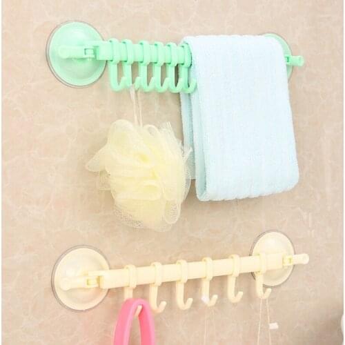 Bathroom Kitchen Vacuum Suction Cup Plastic Towel Rack Hanging Shelves With 6 Hook Holders Flexible Holder Bar 5ZCF244