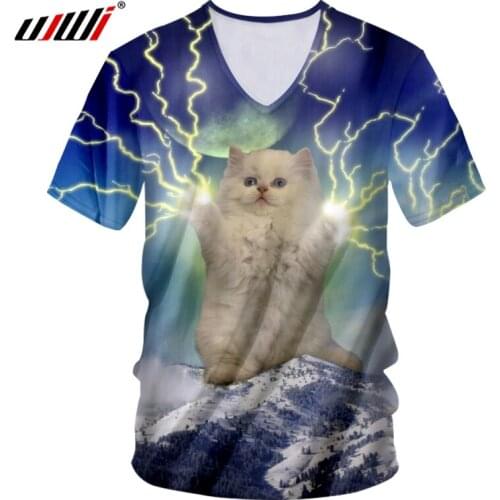 UJWI Summer Tshirt Mens New V-neck Slim Fit 3D Tee Shirt Print Flash and cats Funny 5XL 6XL Habiliment Men T Shirt