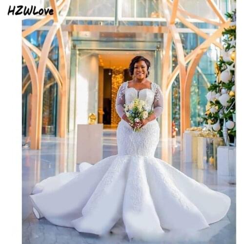 South African Mermaid Wedding Dresses Plus Size Lace Appliques Sheer Long Sleeves Bridal Gowns Long Train Wedding Vestidos