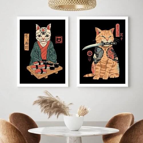 Funny Sushi and Cats In Japan Wall Art Canvas Painting Nordic Posters and Prints Wall Pictures for Living Kitchen Room Decor