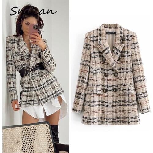 Snican Women Plaid Tweed Jacket Coat With Pockets Office Ladies Double Breasted Tops Outwear Za Surchemise Femme Carreaux Veste