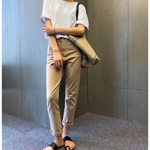 Werynica Summer womens jeans new wild Mid waist denim Cropped pants khaki retro straight cropped pants casual style jeans