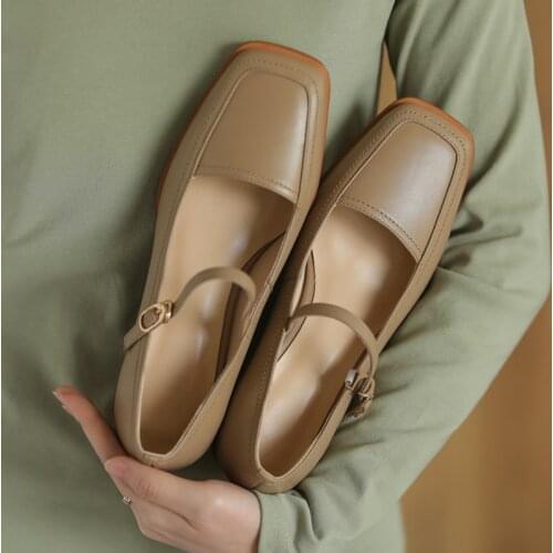 New Genuine Leather Mary Janes Flats Casual Buckle Strap Square Toe Spring/Autumn Shallow Womens Shoes Handmade Size 34-43