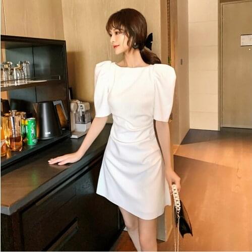 French Style Vintage Puff Sleeve O-Neck Mini Party Dress Ladies Elegant Streetwear Casual Folds Female White Beach Short Dress
