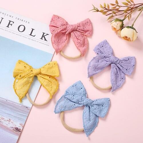 36pc/lot New 4" Embroidery Hair Bow Nylon Headband for Baby Girls Curled Edge Hair Bow Nylon Headbands Kid Floral Bows Headbands