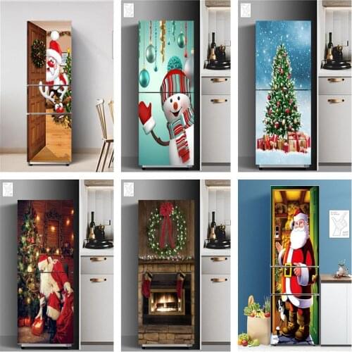 3D Xmas Sticker Santa Claus Fireplace Refrigerator Wallpaper Waterproof Self-Stick Christmas Tree Mural Home Decor Fridge Decals