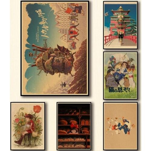 45 Designs Ghibli Miyazaki Hayao Movie Kraftpaper Poster Painting Abstract Fancy Wall Sticker for Coffee House Bar A3 2
