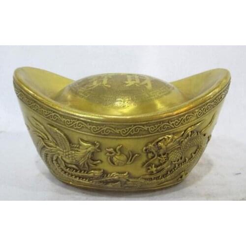 5" Chinese Brass Copper Lucky Feng Shui Dragon Phoenix Yuanbao Piggy bank Statue