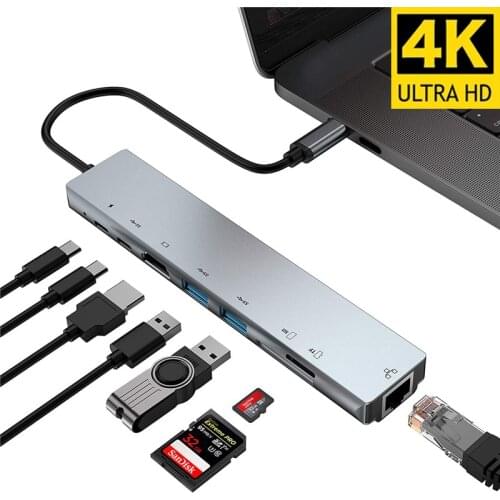 8 in 1 Multiport USB Type C HUB to 4K HDMI USB 3.0 Aux Adapter For MacBook Pro Air USB-C Hub 3.5mm Jack Audio Video Converter