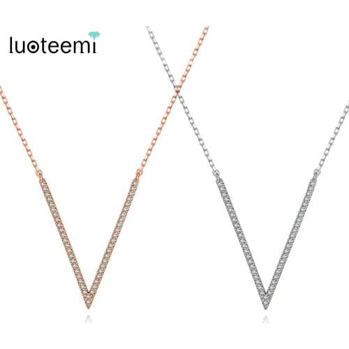 LUOTEEMI Minimalist Letter V Shape Pendant Necklaces for Women Girls Daily Life Wedding with AAA CZ Fashion Jewelry Gift Bijoux
