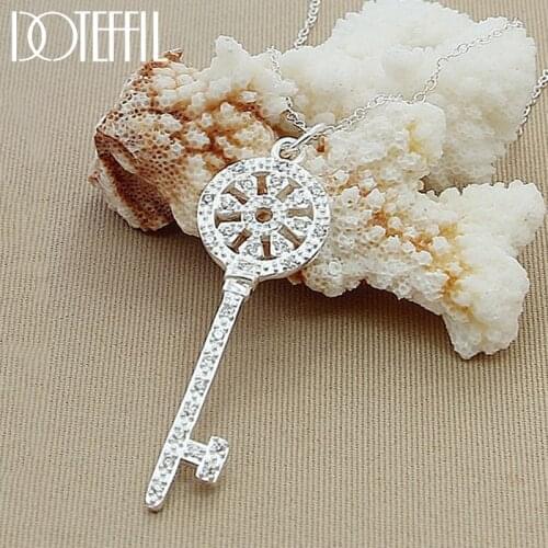 DOTEFFIL 925 Sterling Silver AAA Zircon Key Pendant Necklace 18 Inches Chain Necklace For Women Wedding Engagement Jewelry