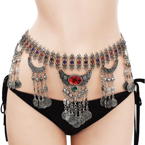 Bohemian Belly Dance Chains Sexy Crystal Body Jewelry Long Coin Tassel Waist Chains Dress Belt Chains Summer Beach