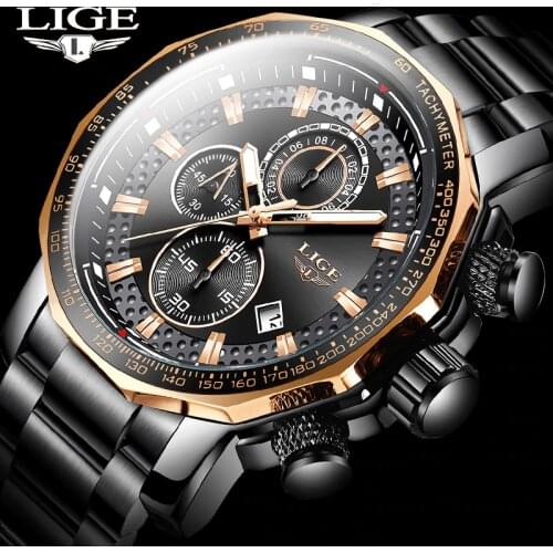 LIGE 2020 New Fashion Mens Watches with Stainless Steel Top Brand Luxury Sports Chronograph Quartz Watch Men Relogio Masculino