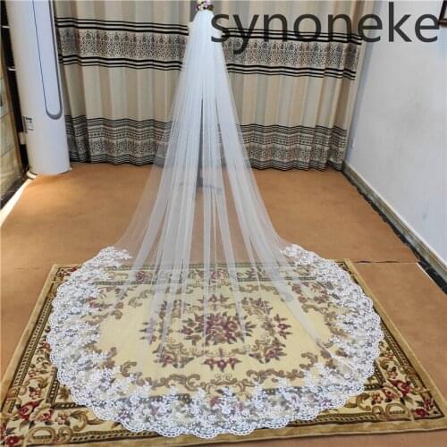 Custom Made Luxury 3M Wedding Veils With Lace Applique Edge Long Cathedral Length Veils One Layer Tulle Custom Made Bridal Veil