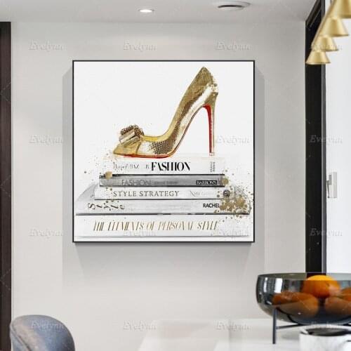 Gold Shoe And Red Sole Canvas Poster Nordic Printed High Heels Wall Painting Fashion Female Wall Art Mural For Shop Decor Frame
