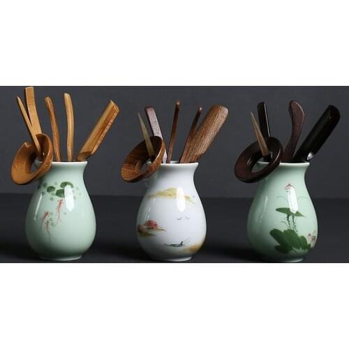 Ceramic Celadon Handpainted Tea Ceremony Ceramic Kungfu Teaware Bamboo Tea Clamp Teaspoon accessories Six piece suit
