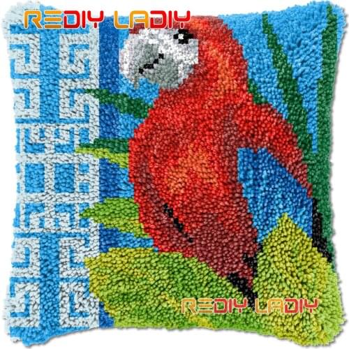 Latch Hook Cushion Red Parrot DIY Needlepoint Kits Chunky Acrylic Yarn Arts Crocheting Lofty Pillow Case Hobby & Crafts