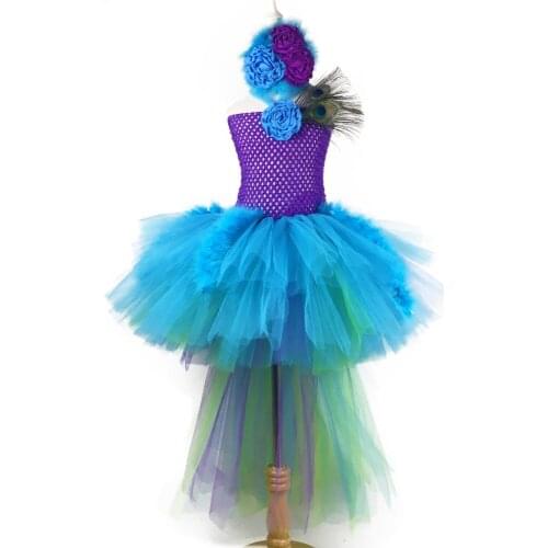 Hot Girls Peacock Feather Trailing Tutu Dress Kids Crochet Dress with Rose Hairbow Children Birthday Party Cosplay Costume Dress
