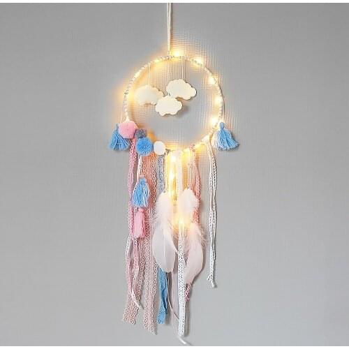 Girl Dream Catcher National Feather Ornaments Lace Ribbons Feathers Wrapped Lights Girls Room Decor Dreamcatcher Room Gifts